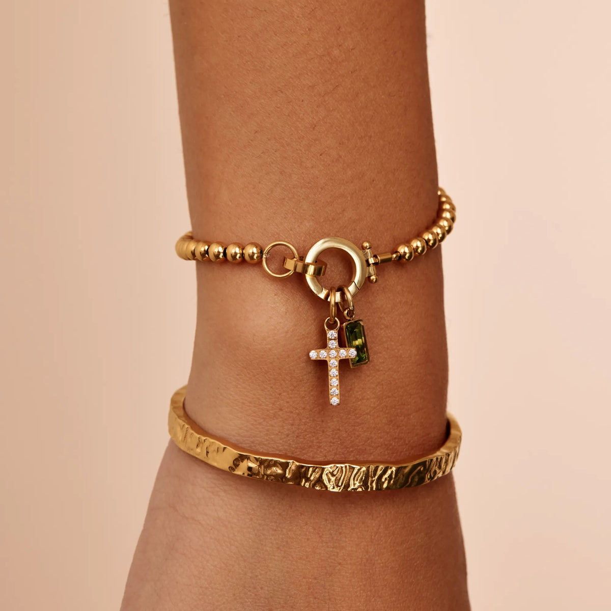 Beaded Birthstone Cross Charm Bracelet