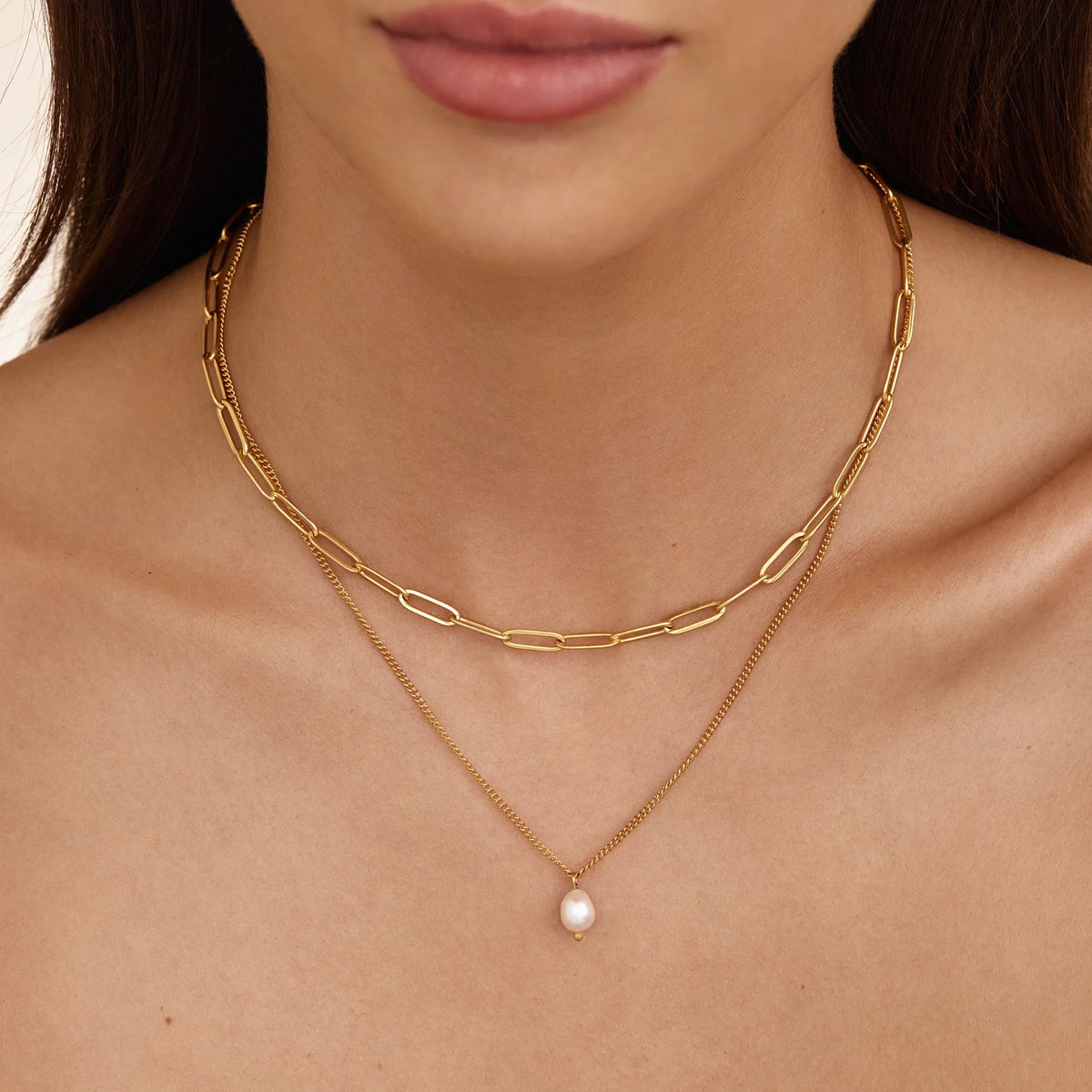 Paperclip & Pearl Drop Layered Necklace