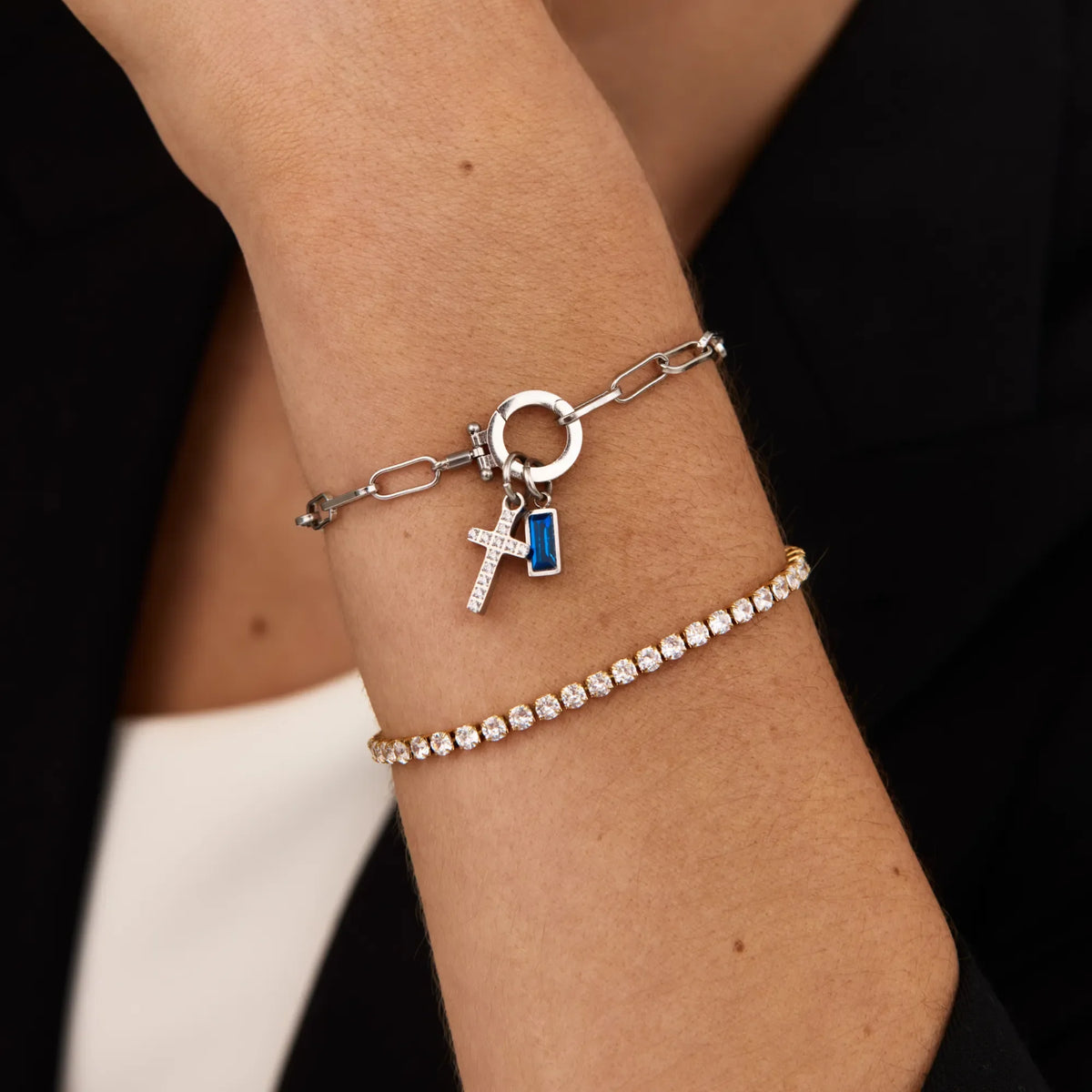 Paperclip Birthstone Cross Charm Bracelet
