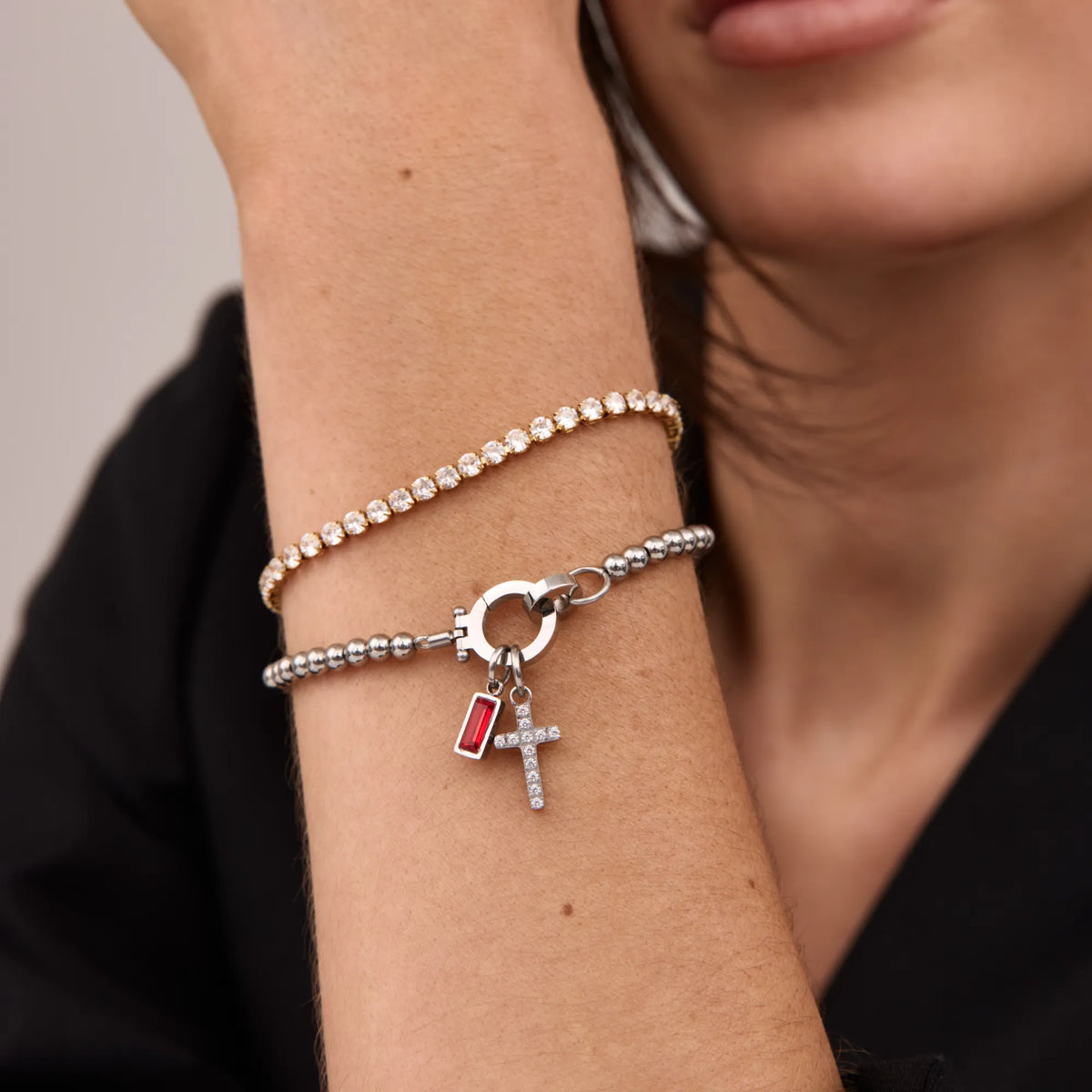 Beaded Birthstone Cross Charm Bracelet