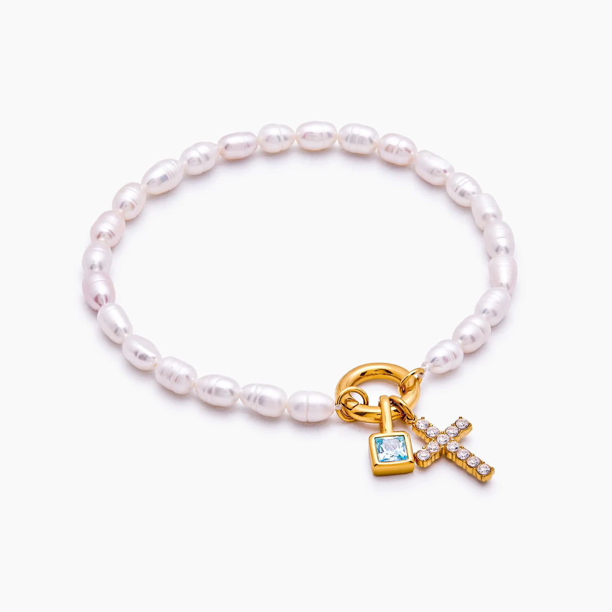 Pearl Birthstone Cross Charm Bracelet